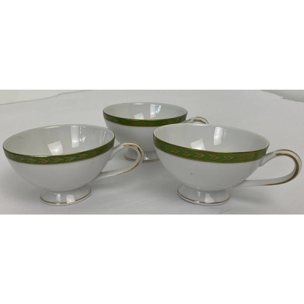 Mikasa Fine China Footed Cups Viscount 5688 White Green Gold - Lot of 3 Cups
